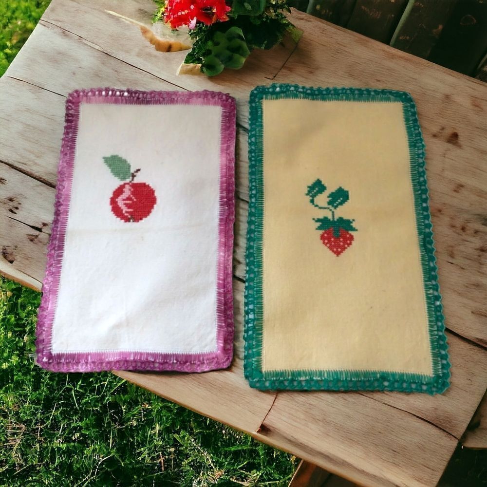 Cross Stitch Fruit‎ Doily Set 2 Tea Towels Linens Handmade Farmhouse Country